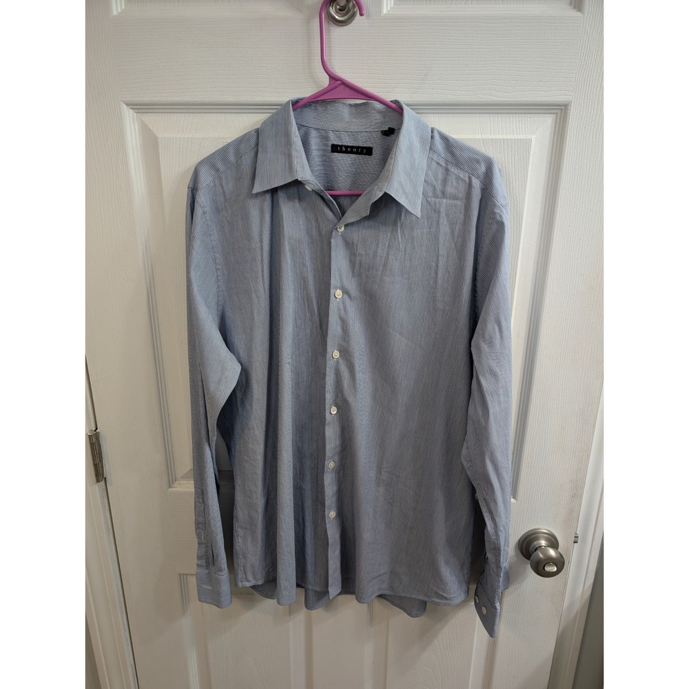 Theory Button Down Shirt Mens Blue White Micro Stripe Long Sleeve - Size‎ XL